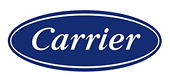 Logo de la marque Carrier affiché en texte blanc dans un ovale horizontal bleu foncé bordé de blanc.