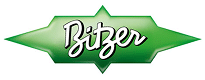 Logo Bitzer vert brillant avec texte blanc stylisé en script. Forme d'étoile horizontale.