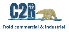 Logo C2R avec flocon, ours polaires mère et ourson sur banquise, texte Froid commercial & industriel.