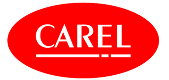 Logo CAREL dans un ovale rouge avec texte blanc souligné par une ligne pointillée.