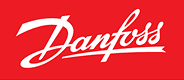 Logo Danfoss blanc en script sur fond rouge vif. Identité visuelle de la marque Danfoss.