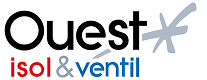 Logo Ouest isol & ventil affichant le nom en noir, rouge et bleu avec un symbole graphique stylisé gris.