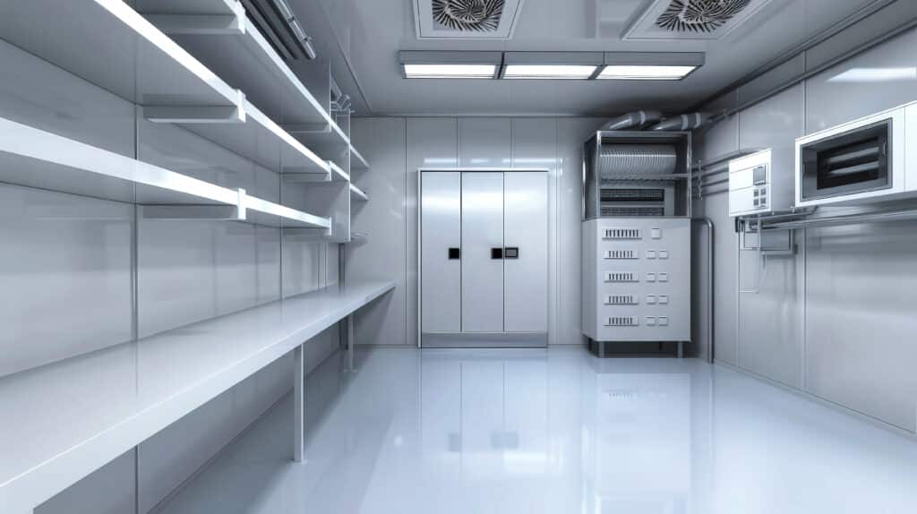Intérieur stérile de salle blanche ou laboratoire avec longues étagères, porte, équipement technique et sol réfléchissant blanc.